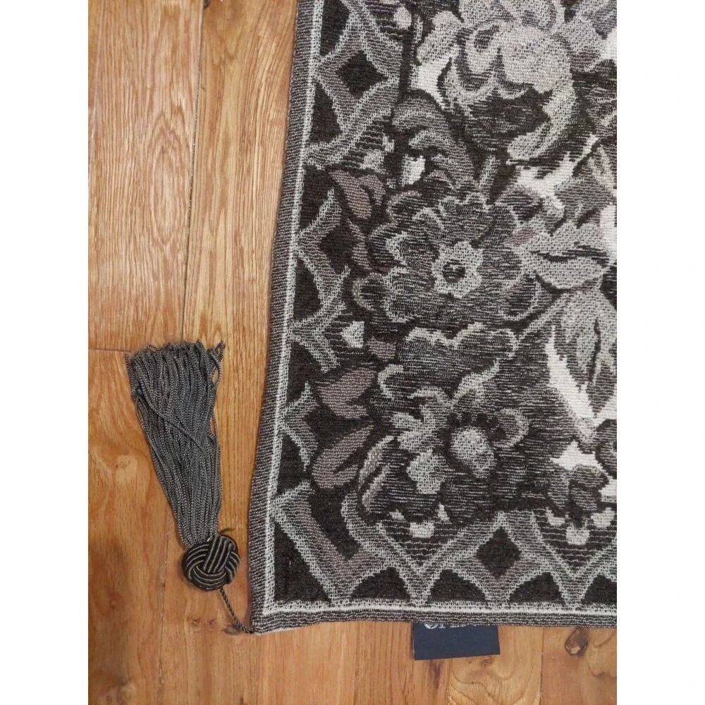 Woven Chenille Beige Brown Baroque Square Floral Throw W/ Tassels 56x56 By OPERA